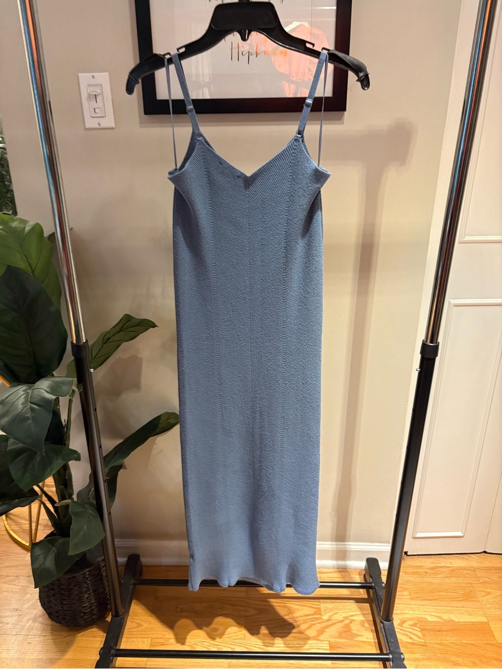 Freshman Blue V-Neck Long Ribbed Knit Strappy Slip Midi Dress - Size M